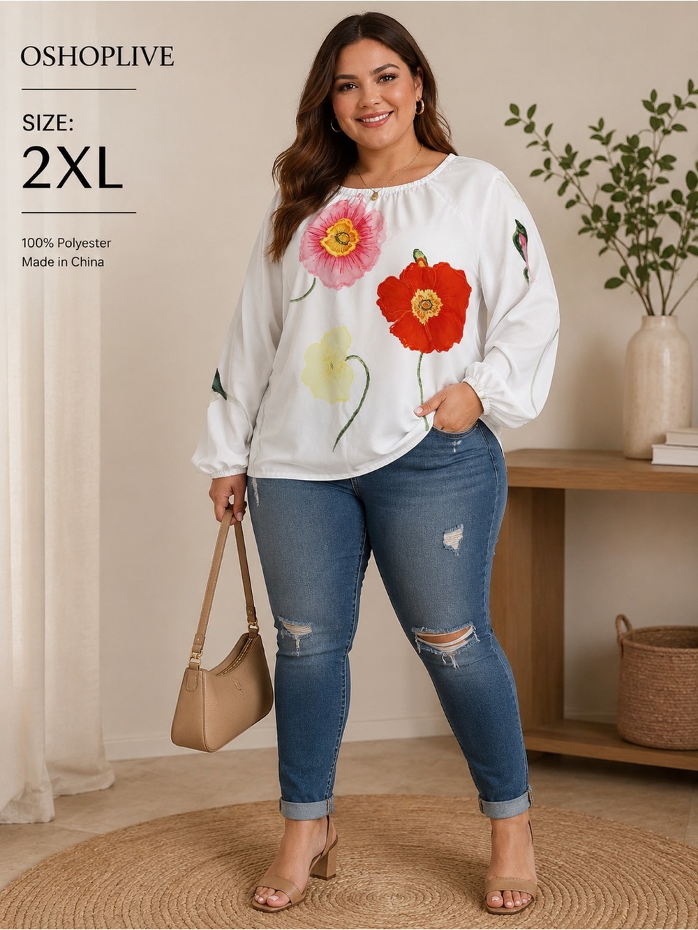 Plus Floral Print White Long-Sleeve Tunic